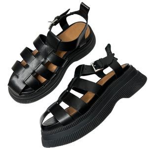 NEW Ganni Creeper Grid Platform Dad Sandals Black Leather Women's Size 41